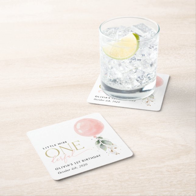 Pink Balloon, Eucalyptus, Greenery, First Birthday Square Paper Coaster (Insitu)