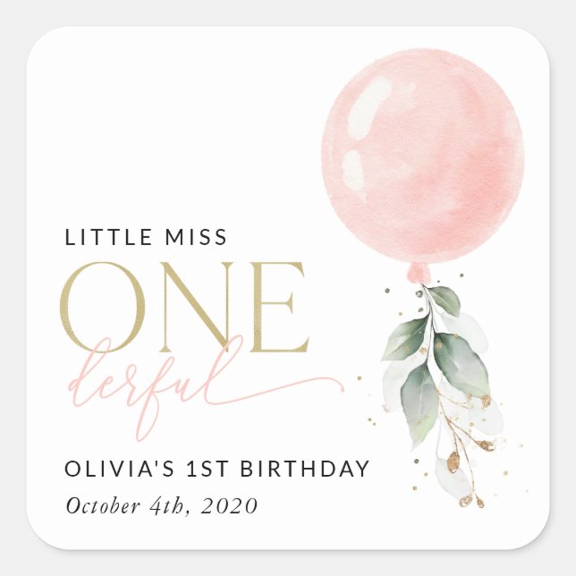 Pink Balloon, Eucalyptus, Greenery, First Birthday Square Sticker (Front)