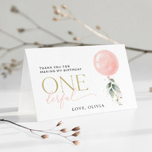 Pink Balloon, Eucalyptus, Greenery, First Birthday Thank You Card