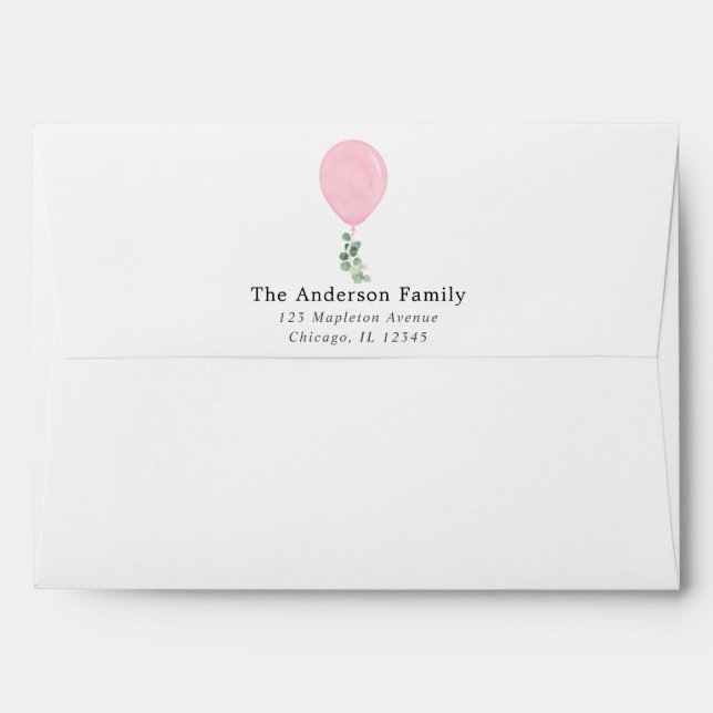 Pink balloon eucalyptus white envelopes 5x7 card (Back (Top Flap))