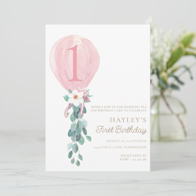 Pink Balloon First Birthday  Invitation (Standing Front)