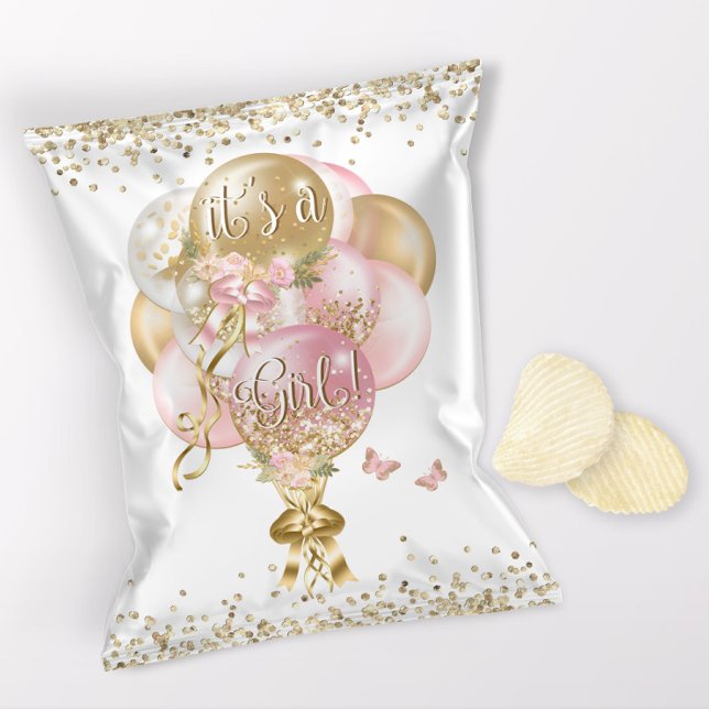 Pink Balloon Girl Baby Shower Chip Bag Wrappers (1 ounce snack bag wrapper flyer. )