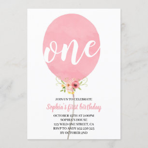 Pink Balloon Girl First Birthday Invitation
