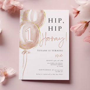 Pink Balloon Girl First Birthday Invitation