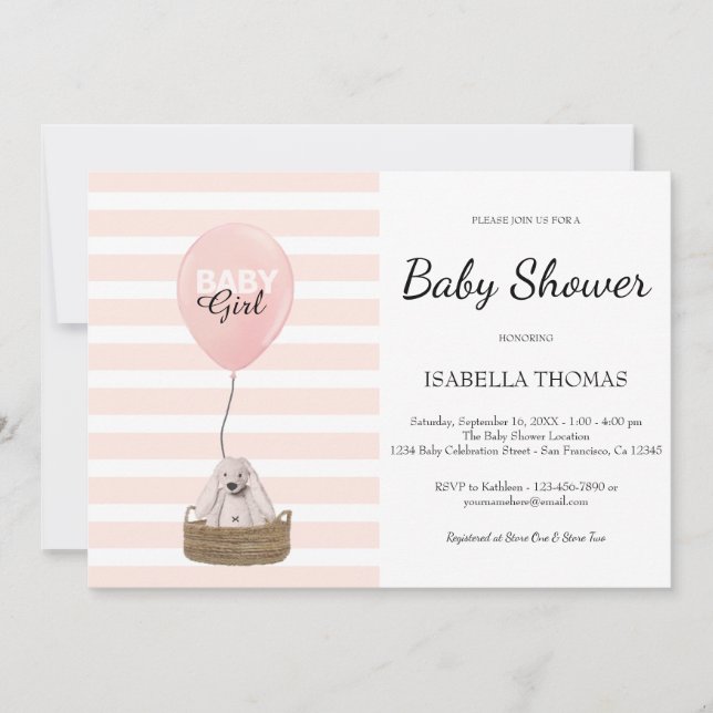 Pink balloon Girl Pink Stripes Baby Shower Invitation (Front)