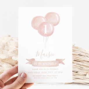 Pink Balloon Girls 1st Birthday Party Pretty Invitation