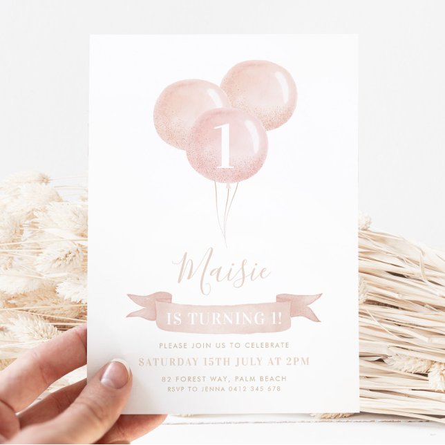 Pink Balloon Girls 1st Birthday Party Pretty Invitation (Creator Uploaded)
