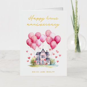 Pink Balloon House Gold Foil Anniversary Greeting Card