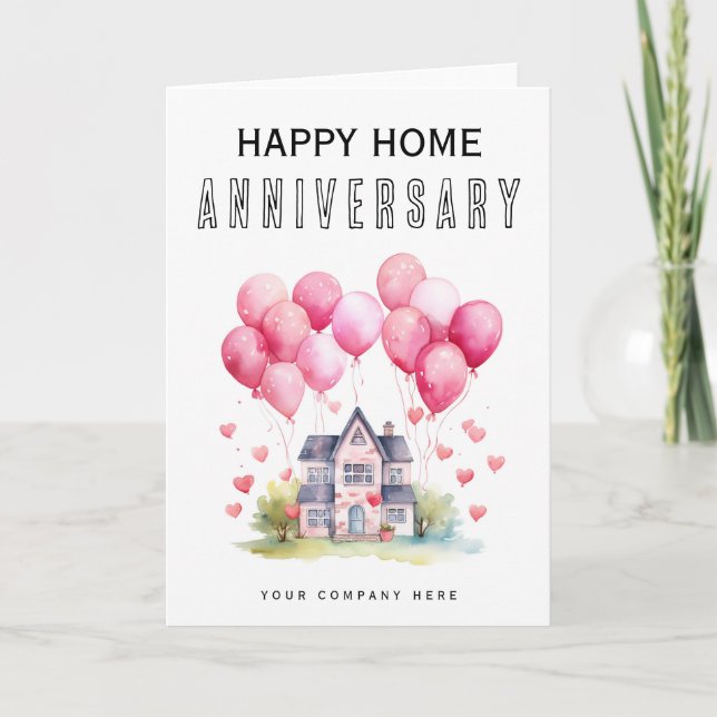 Pink Balloon House Home Anniversary Card (Front)