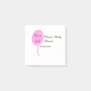 Pink balloon it's a girl baby shower add name date post-it notes