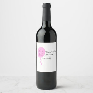 Pink balloon it's a girl baby shower add name date wine label