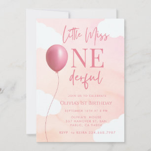 Pink Balloon Little Miss Onederful 1st Birthday Invitation