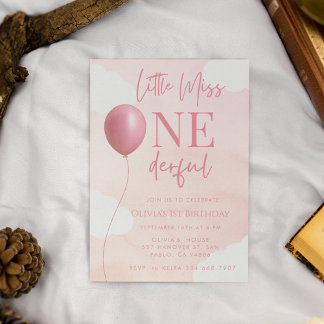 Pink Balloon Little Miss Onederful 1st Birthday Invitation