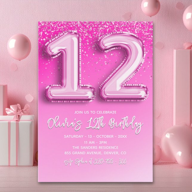 Pink Balloon Numbers 12th Birthday for Girl Invitation (Creator Uploaded)