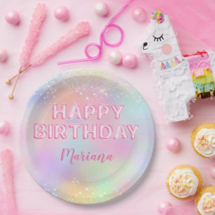 Pink Balloon Rainbow Birthday Party Paper Plate