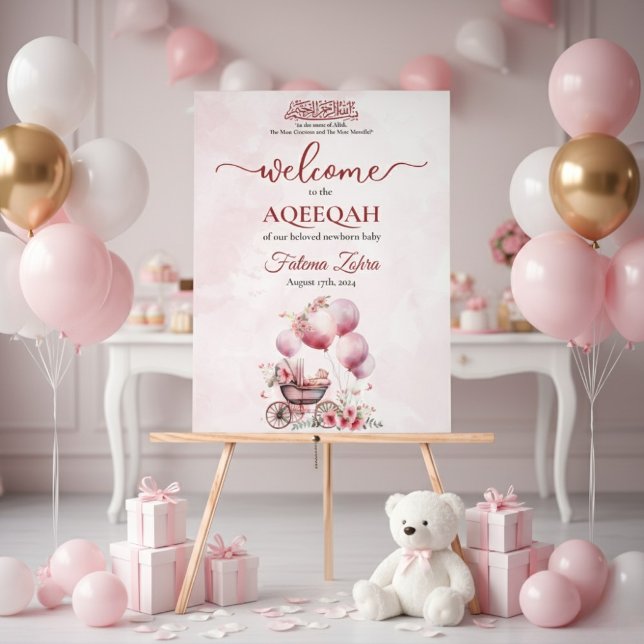 Pink Balloon Stroller Baby Girl Muslim Aqiqah Acrylic Sign (Creator Uploaded)
