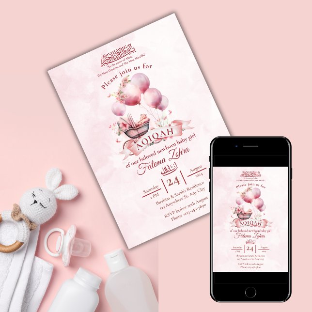 Pink Balloon Stroller Baby Girl Muslim Aqiqah Invitation (Creator Uploaded)