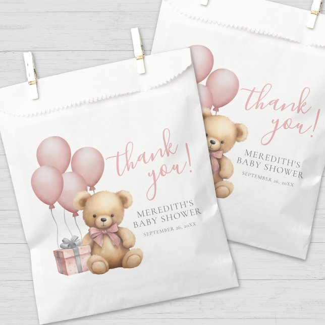 Pink Balloon Teddy Bear Baby Shower Favour Bags (Pink Balloon Teddy Bear Baby Shower Favor Bag)