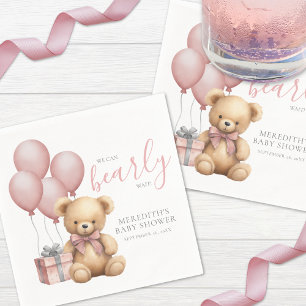 Pink Balloon Teddy Bear Baby Shower Napkin