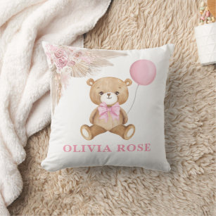 Pink Balloon Teddy Bear Boho Baby Girl Nursery Cushion