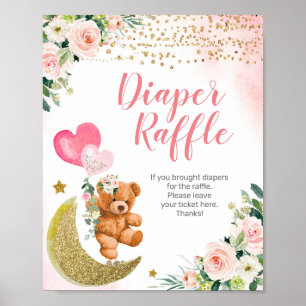 Pink Balloon Teddy Bear Diaper Raffle Sign