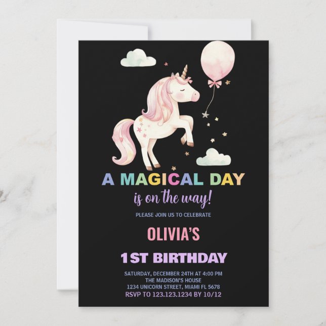 Pink Balloon Unicorn Birthday Invitations (Front)