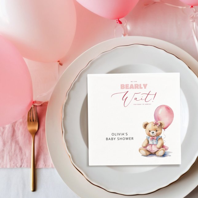 Pink Balloon We Can Bearly Wait Girl Baby Shower Napkin (Creator Uploaded)