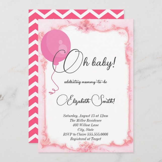 Pink balloon zig zag wallpaper, baby shower invitation (Front/Back)