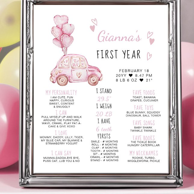 Pink Balloons and Car 1st Birthday Milestone Poster (Girls First Birthday Milestone Poster - from my Car and Balloons Valentine Birthday Collection)