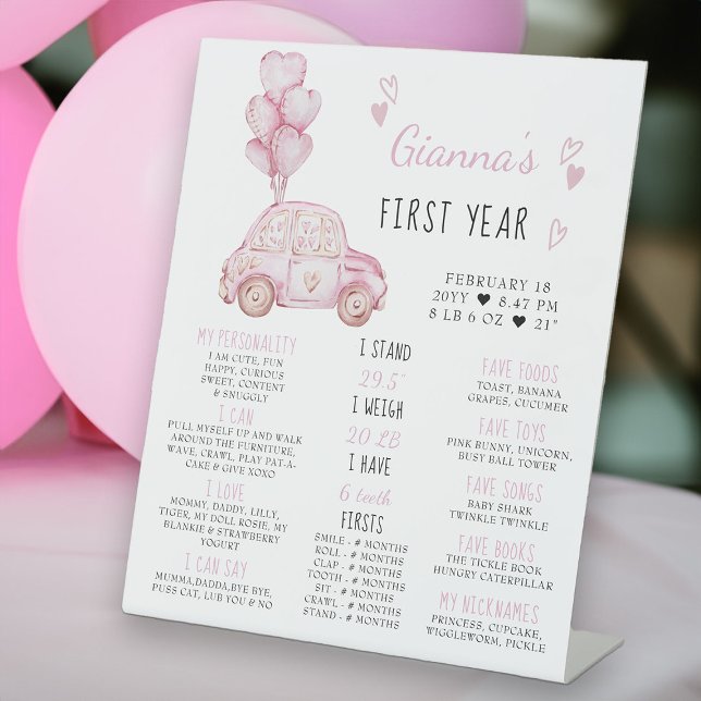 Pink Balloons and Car 1st Birthday Milestone Sign (Milestone Sign for Baby's First Year - from my Car and Balloons Valentine Birthday Collection)