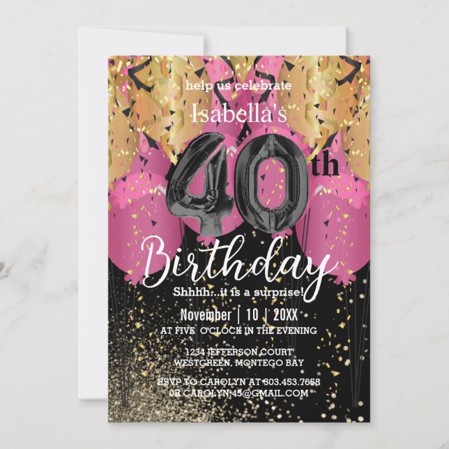 Pink Balloons and Glitter 40th Birthday Invitation (Front)
