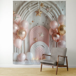 Pink Balloons and Gold Stars Photo Party Banner Tapestry