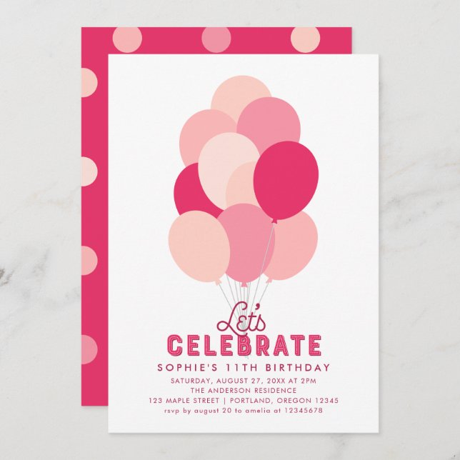 Pink Balloons Any Age Birthday Party Invitation (Front/Back)