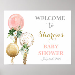 Pink balloons baby shower girl welcome sign
