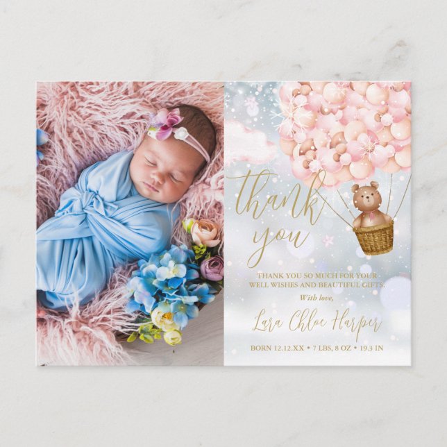 Pink Balloons Bear Thank You Photo Winter Baby Announcement Postcard (Front)