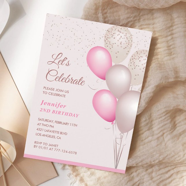 Pink Balloons Confetti Second Birthday Invitation (Creator Uploaded)