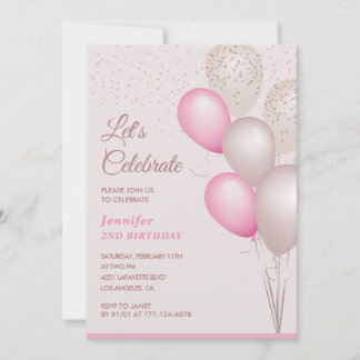 Pink Balloons Confetti Second Birthday Invitation