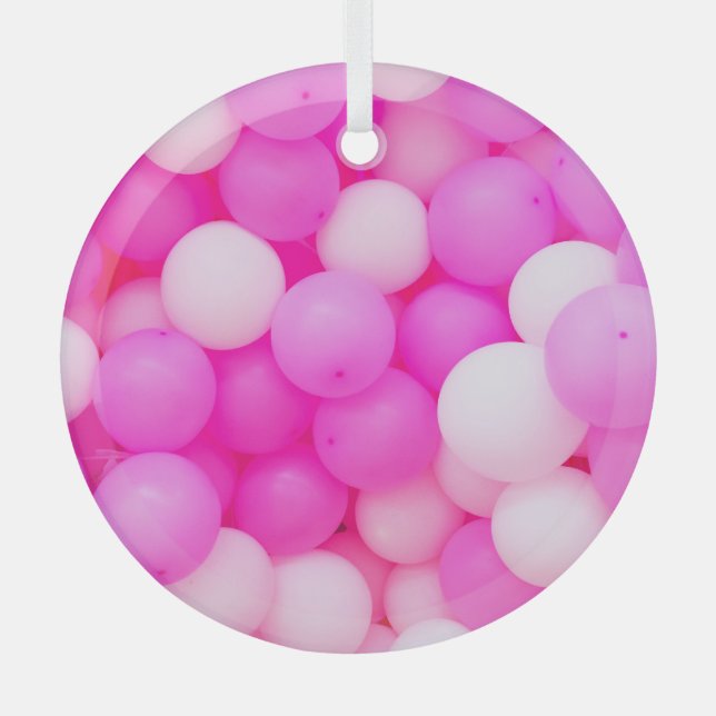 Pink Balloons Festive Background Design. Glass Tree Decoration (Front)