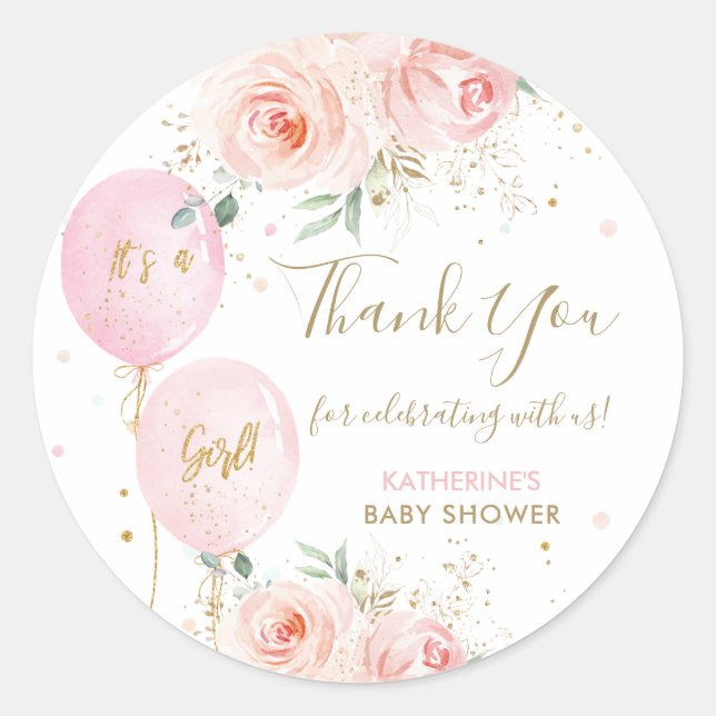 Pink Balloons Floral Baby Shower Thank You Favour Classic Round Sticker (Front)