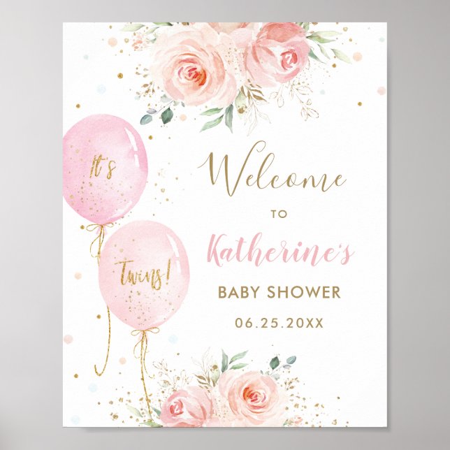 Pink Balloons Floral Twins Baby Shower Welcome Poster (Front)
