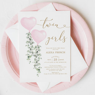 Pink Balloons Greenery Twin Girls Sweetheart Baby Invitation