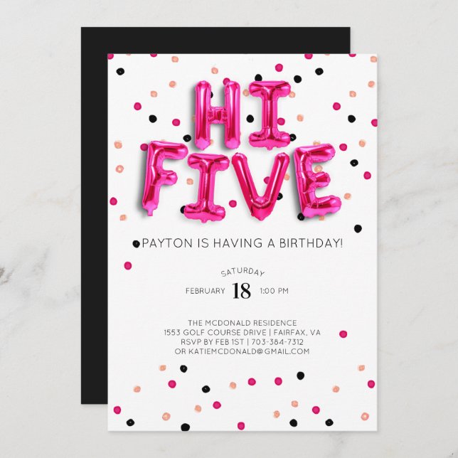 Pink Balloons | Hi Five 5th Birthday Invitation (Front/Back)