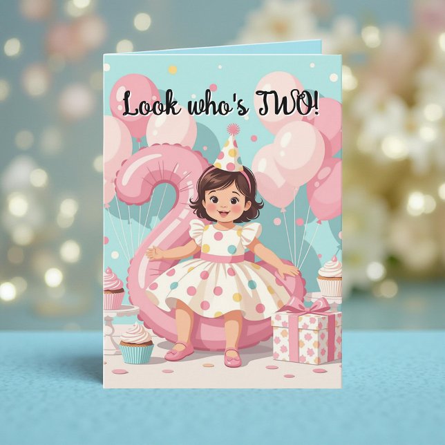 Pink Balloons 'Look Who's TWO! Girl's 2nd Birthday Card (Creator Uploaded)