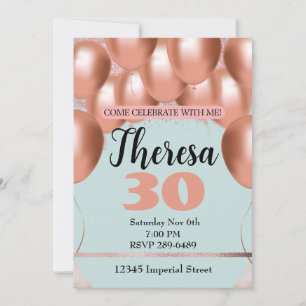 Pink Balloons on Light Blue Woman's Birthday Party Invitation