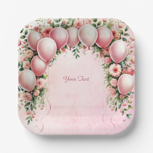 Pink Balloons Paper Plate (Front)