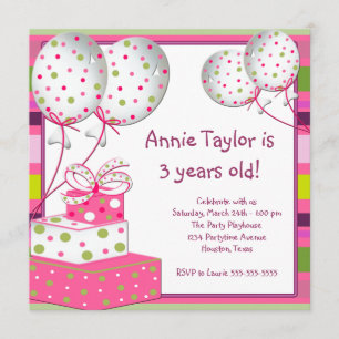 Pink Balloons Presents Girls 3rd Birthday Party Invitation