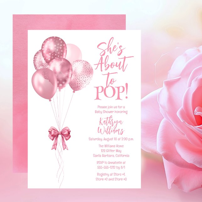 Pink Balloons She's About to Pop Baby Shower Invitation ("She's Ready to POP!" Pink Translucent Glitter Balloons Girl Baby Shower Invitation.)