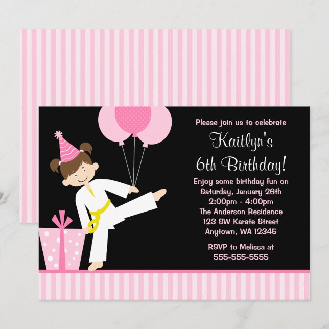 Pink Balloons Taekwondo Karate Girl Birthday Invitation (Front/Back)