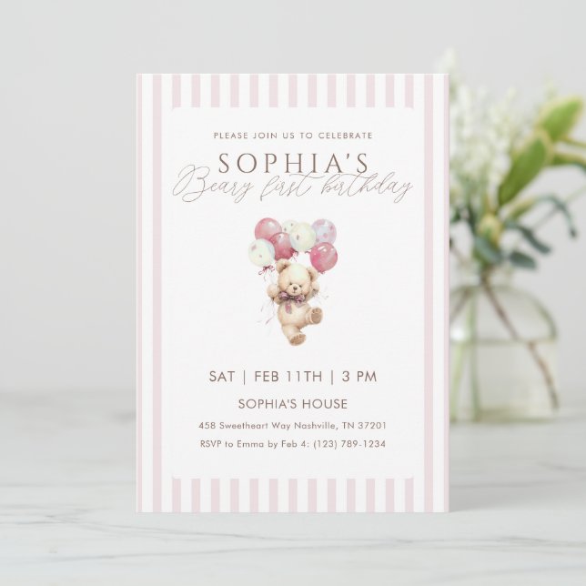 Pink Balloons Teddy Bear 1st Birthday Invitation (Standing Front)