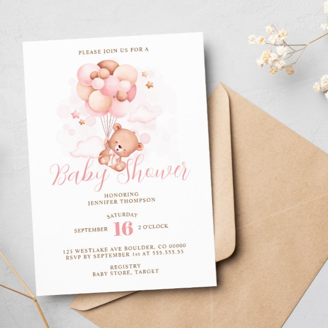 Pink Balloons Teddy Bear Baby Shower Invitation (Creator Uploaded)
